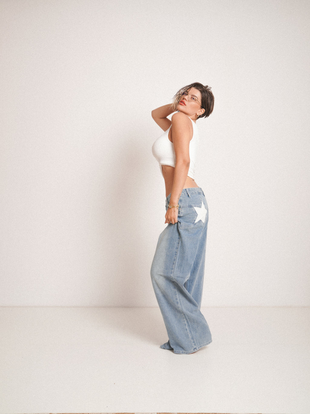 Blugi wide fit cu talie înaltă star WHITE ⭐