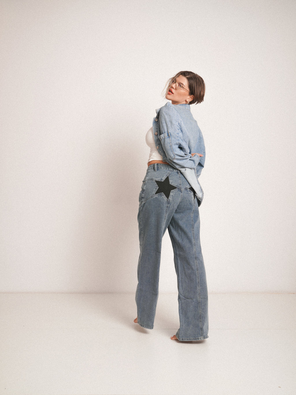 Blugi wide fit cu talie înaltă star BLACK ⭐